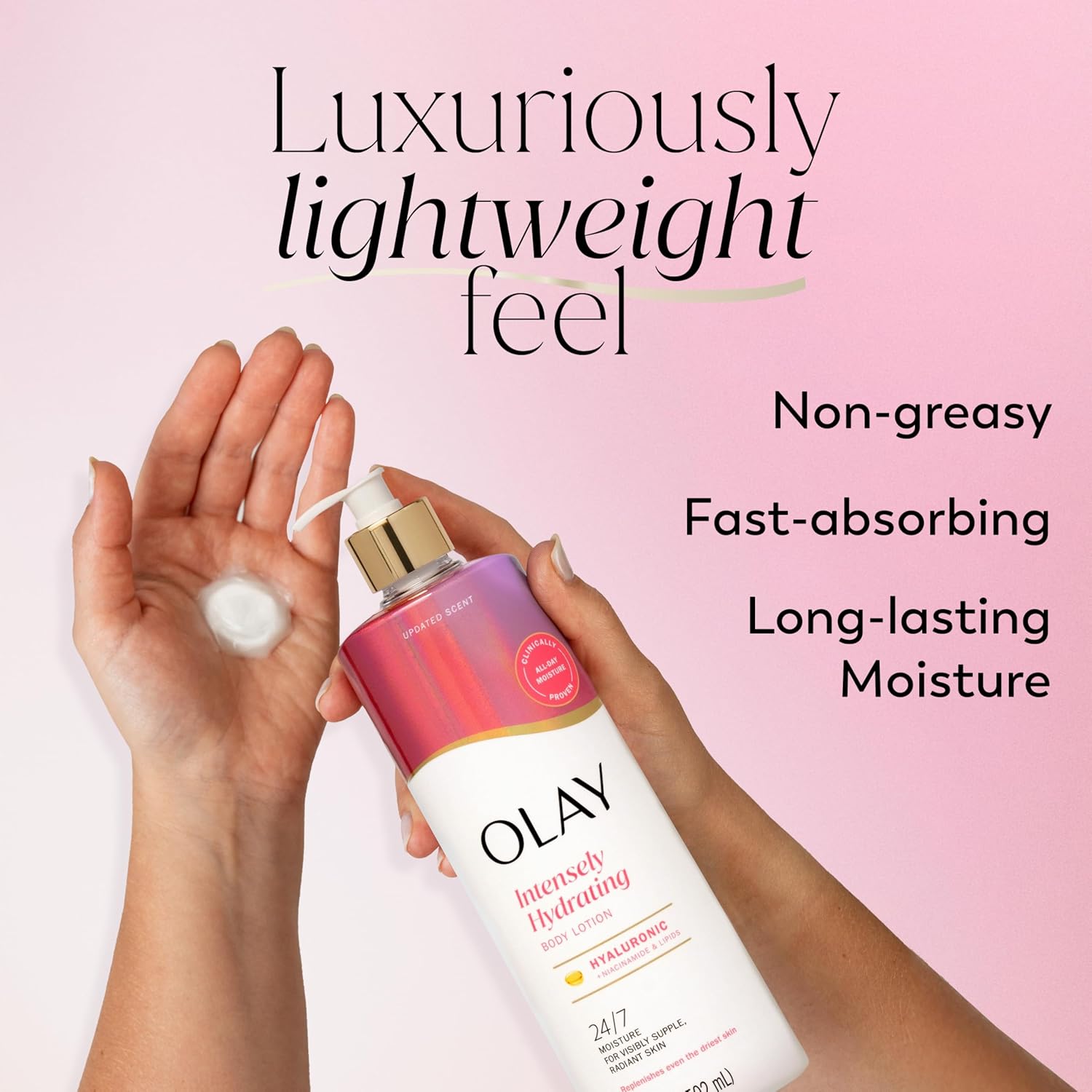 Olay Body Lotion for Women, Nourishing with Hyaluronic Acid Serum, Visibly Soften & Smooth Skin, 24hr Moisture & Hydration, Fast Absorbing Formula, Vitamin B3 Complex, For All Skin Types, 17 fl oz - Image 3