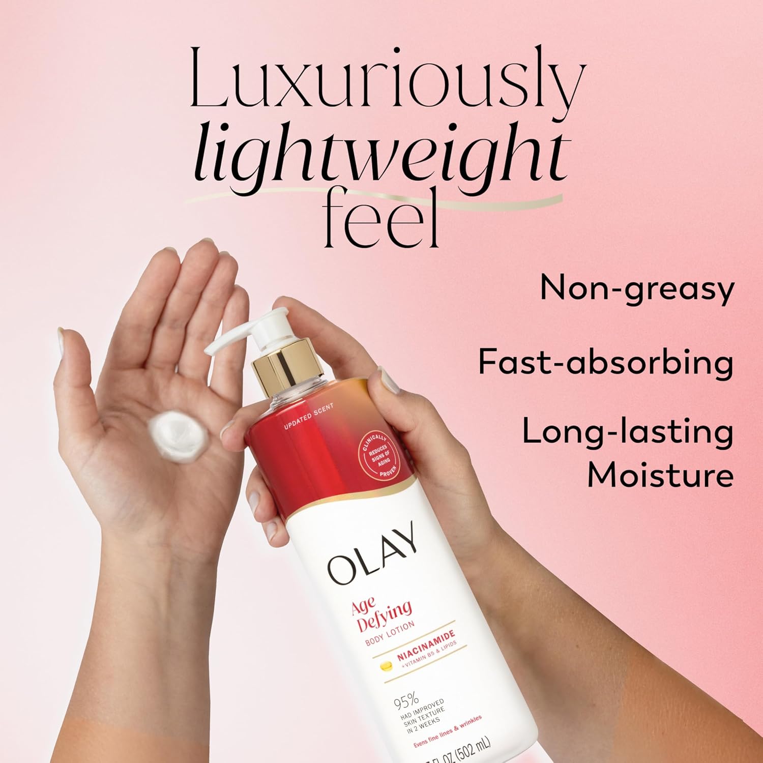 Olay Body Lotion for Women, Age Defying with Niacinamide Serum, Visibly Reduce Signs of Skin Aging, 24hr Moisture & Hydration, Fast Absorbing Formula, Vitamin B3 Complex, For All Skin Types, 17 fl oz - Image 3