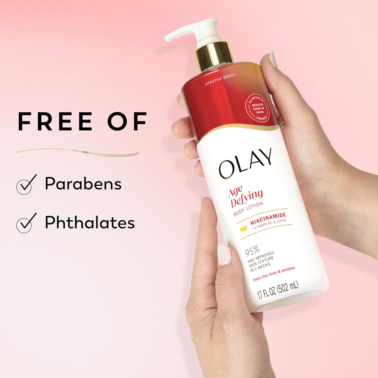 Olay Body Lotion for Women, Age Defying with Niacinamide Serum, Visibly Reduce Signs of Skin Aging, 24hr Moisture & Hydration, Fast Absorbing Formula, Vitamin B3 Complex, For All Skin Types, 17 fl oz - Image 8